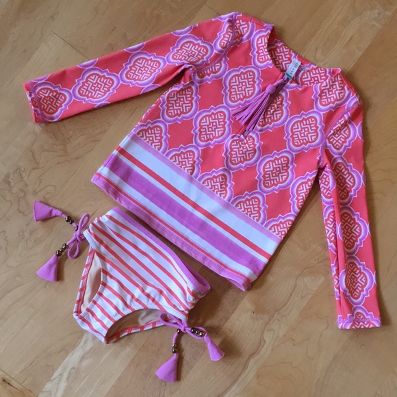 CABANA LIFE | Coral Geo 2-Piece Girls Rashguard Swimsuit - Picture 4 of 16